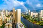 Colorful Ala Wai Canal Apartment Buildings, Honolulu, Oahu, Hawaii. Art Print
